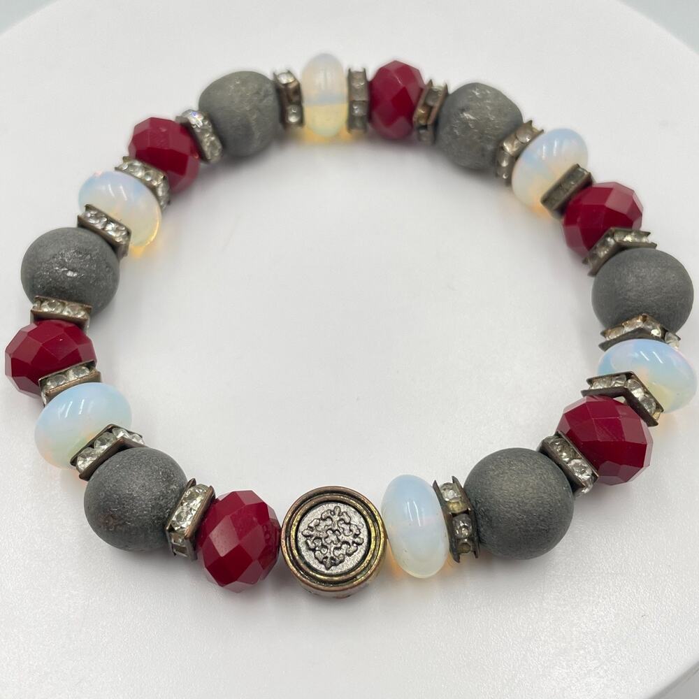 Vintage Boho Red Crystal Opalite Glass Shimmer Stone Rhinestone Stretch Bracelet